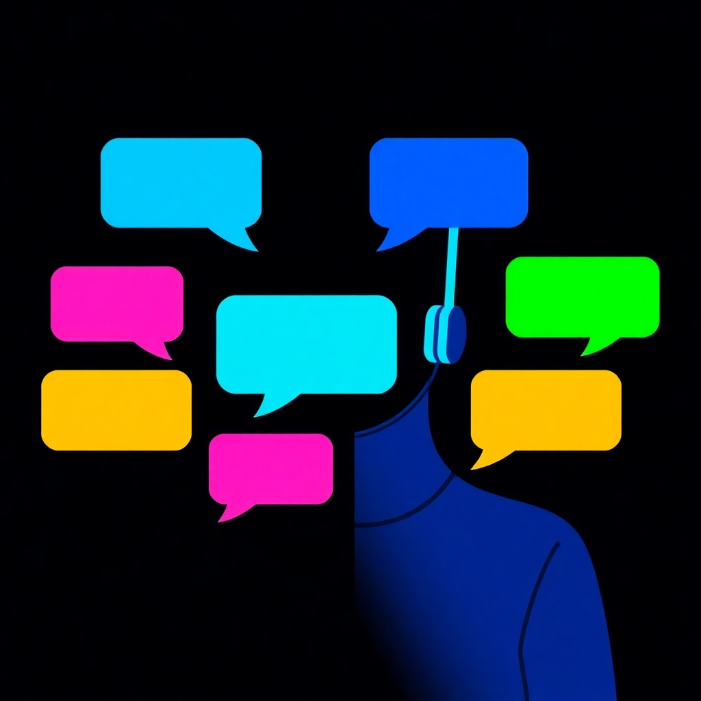  Create a dynamic 4K image illustrating a virtual assistant handling multiple language conversations simultaneously, represented by different colored text bubbles. The style should be modern, with a clear, easy to interpret design. Focus on showing ease of use and high efficiency. The color palette could include several bright colors, representing various languages.