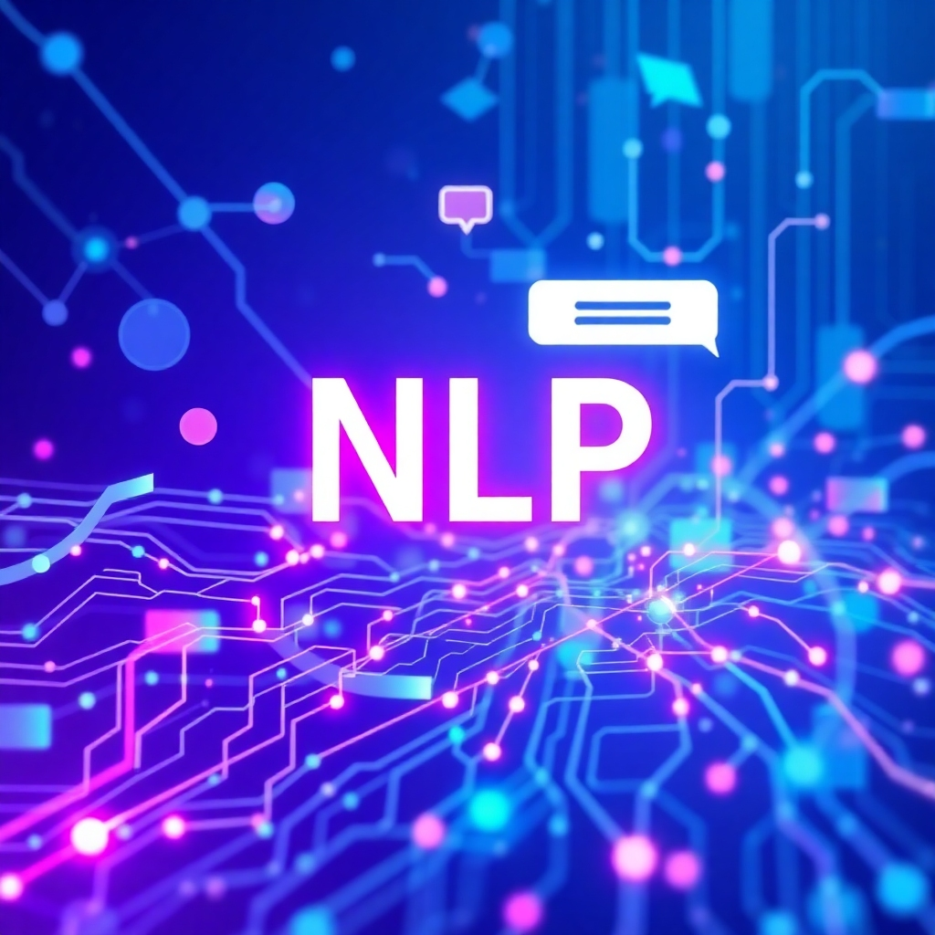Create a high-tech, stylized image showcasing advanced AI capabilities, such as NLP and machine learning, in the context of multilingual communication. Use abstract representations of data flows and neural networks.  The color palette should include futuristic shades of blue and purple.