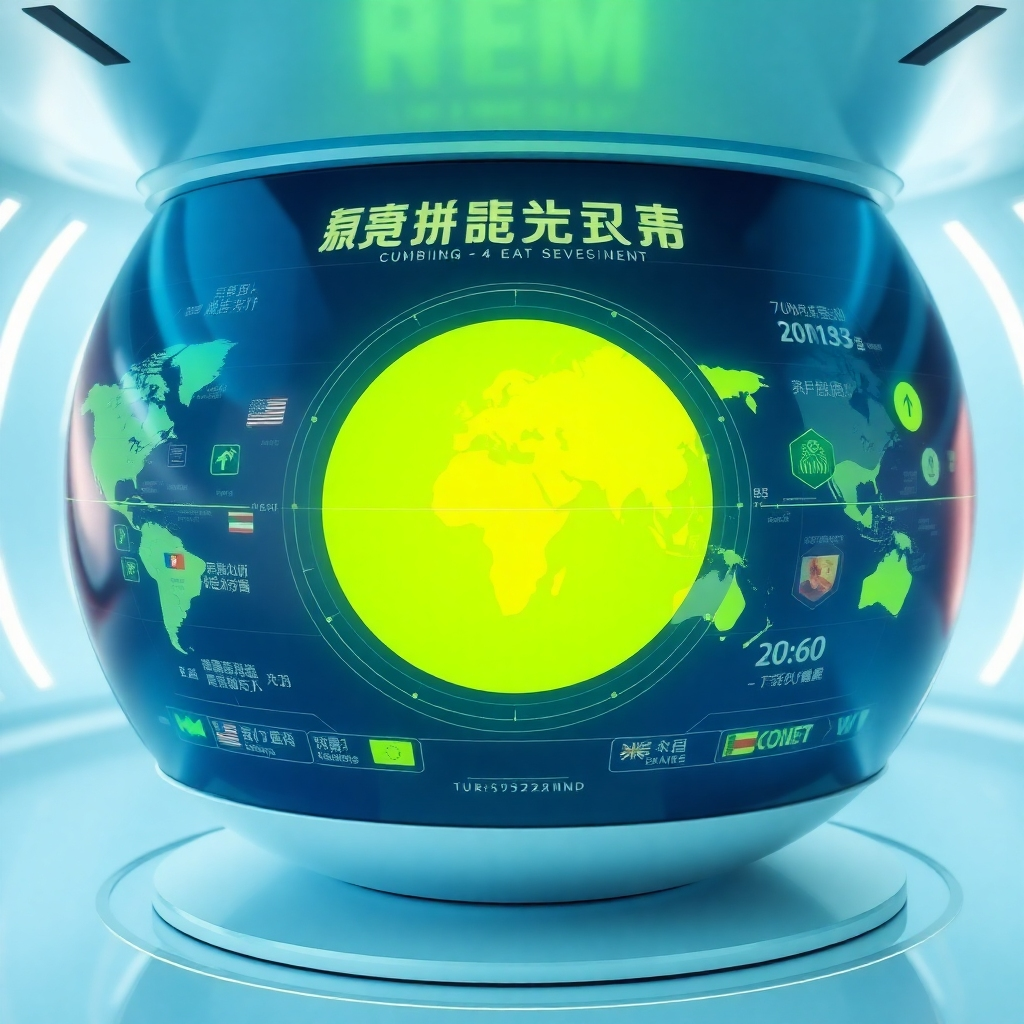 Create a photorealistic, ultra-high-quality 8K resolution image depicting a futuristic, sleek virtual assistant interface seamlessly integrated into a global network. The color palette should be a blend of deep blues, representing technology, and vibrant greens, symbolizing growth and communication. The composition should be modern and clean, emphasizing the connection between different languages and countries. Include subtle visual representations of various languages and cultural elements. Use a high-angle shot, providing a comprehensive view of the interface. Texture details should include the reflective surfaces of the technology and the soft, inviting nature of the virtual assistant's representation. The environment should be futuristic and minimal, reflecting advanced technology and clean lines. The lighting should be soft and diffused, enhancing the futuristic appeal. Consider stylistic references from modern sci-fi films, focusing on clean, high-tech aesthetics, and avoid any cluttered or distracting elements.  The overall feel should be sophisticated, inviting, and represent the power of global communication via AI.