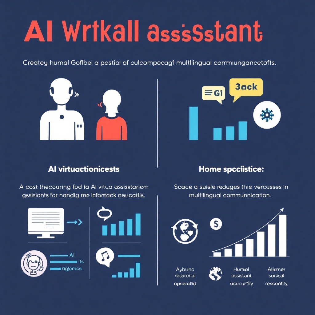 Create a visually appealing infographic depicting the cost-effectiveness and scalability of an AI virtual assistant compared to human assistants for managing multilingual communication.  Use simple graphs, charts, and icons. The overall design should be clean and informative.