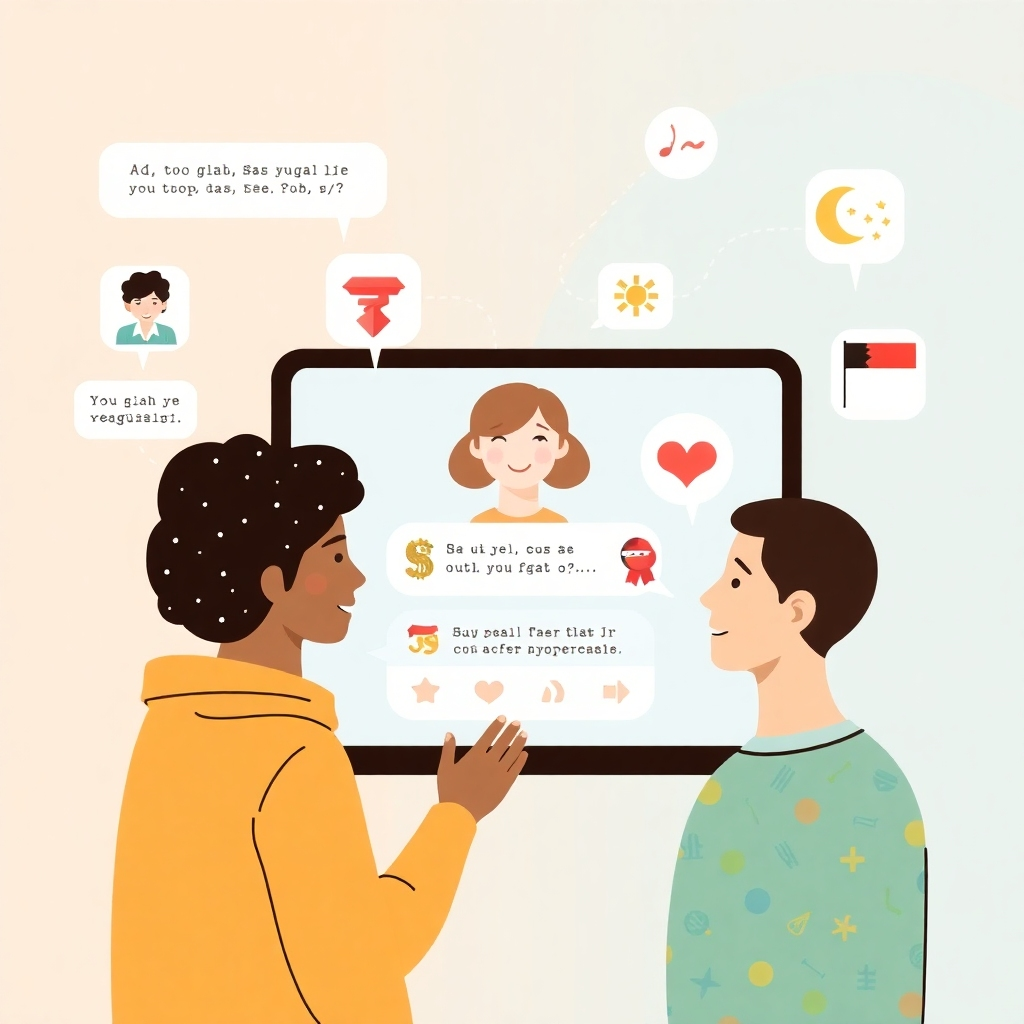 Create an illustration showing diverse people interacting with a virtual assistant that correctly incorporates cultural and linguistic differences in its messaging, indicated through various cultural symbols or visual cues. The style should be friendly and approachable, communicating global inclusiveness.