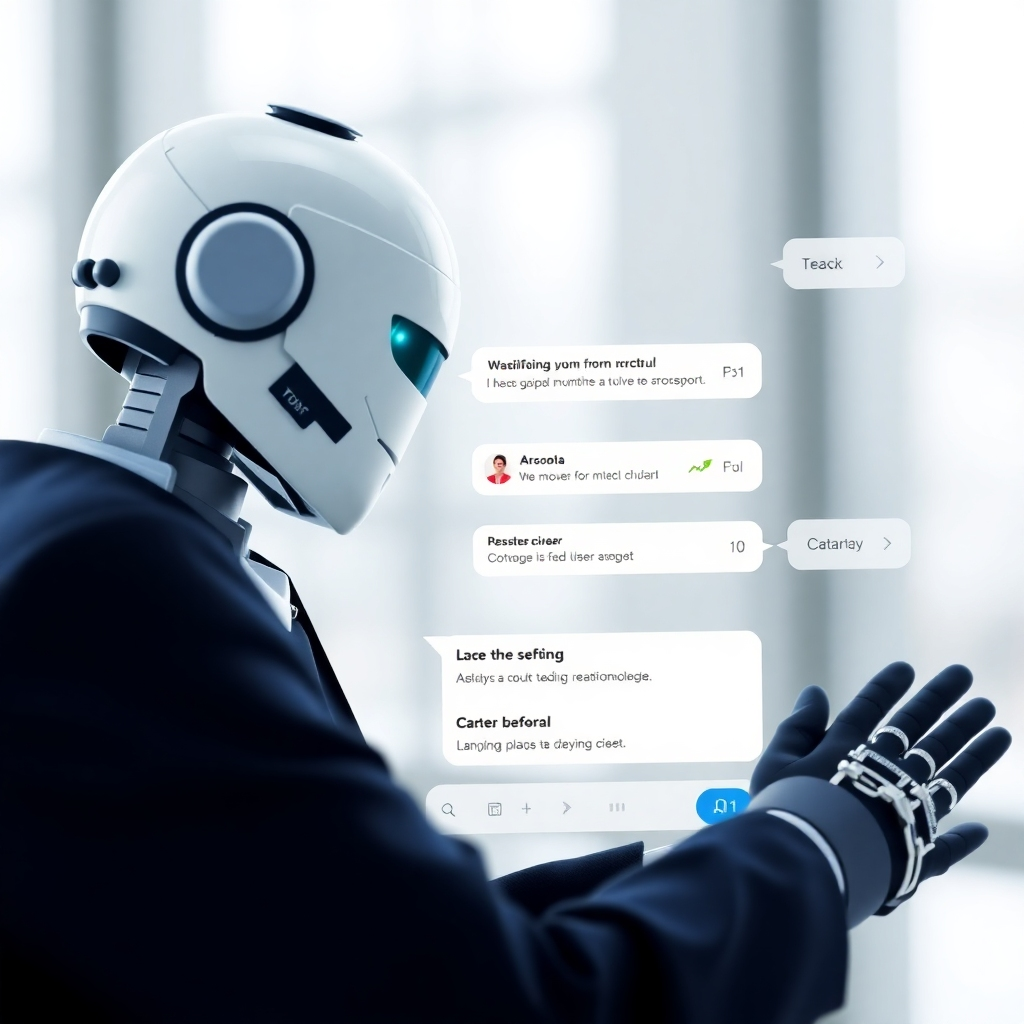 Develop a visually appealing image showcasing a multilingual chatbot interface. The image should portray smooth user interaction and intuitive design. The color palette should be clean and professional, using a mix of corporate shades. The style should emphasize ease of use and effectiveness.