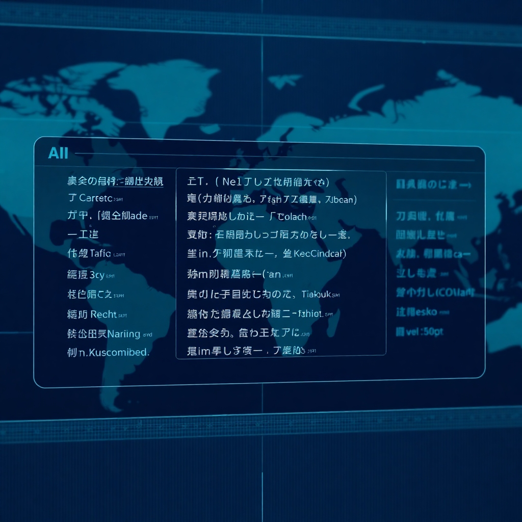  Generate a photorealistic image of a sleek AI interface displaying real-time translation of text in various languages, with a global map as a background. The interface should be modern and user-friendly. The color scheme should be calming and professional, using blues and greens. Focus on clean lines and modern design. The image should convey accuracy and efficiency.