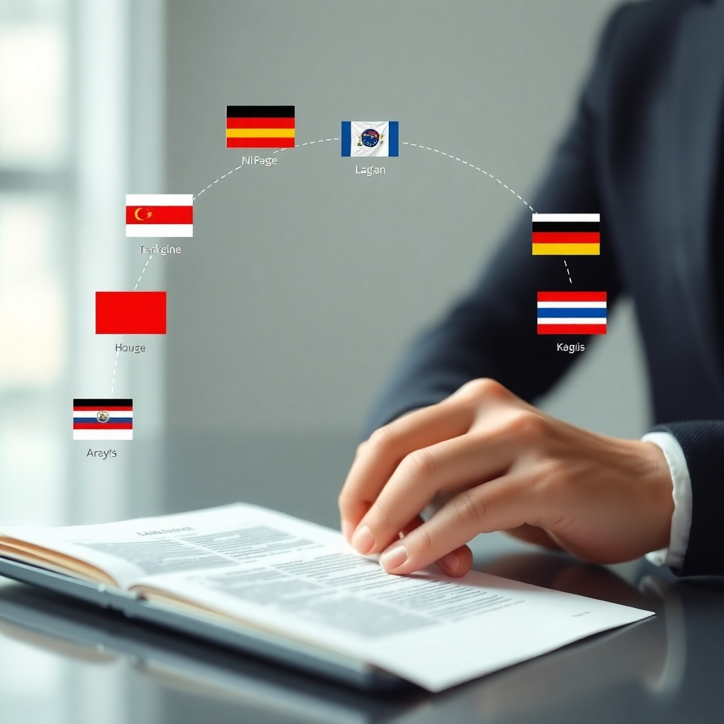 Show a high-quality image depicting a document being translated into multiple languages. The process should be shown seamlessly, using clean design.  The colors should be calming and corporate. The image should highlight speed and accuracy.